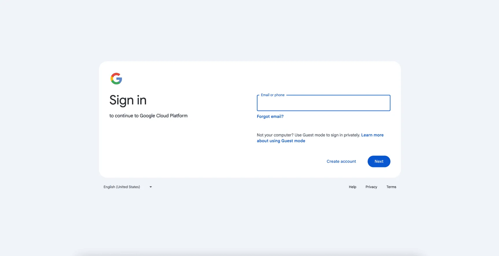 Google sign-in page for Google Cloud Platform
