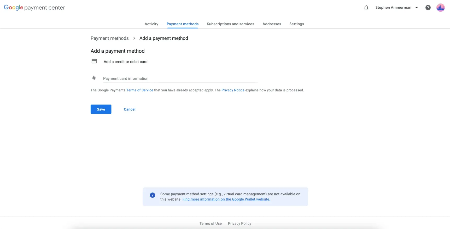 Google payment center add payment method page