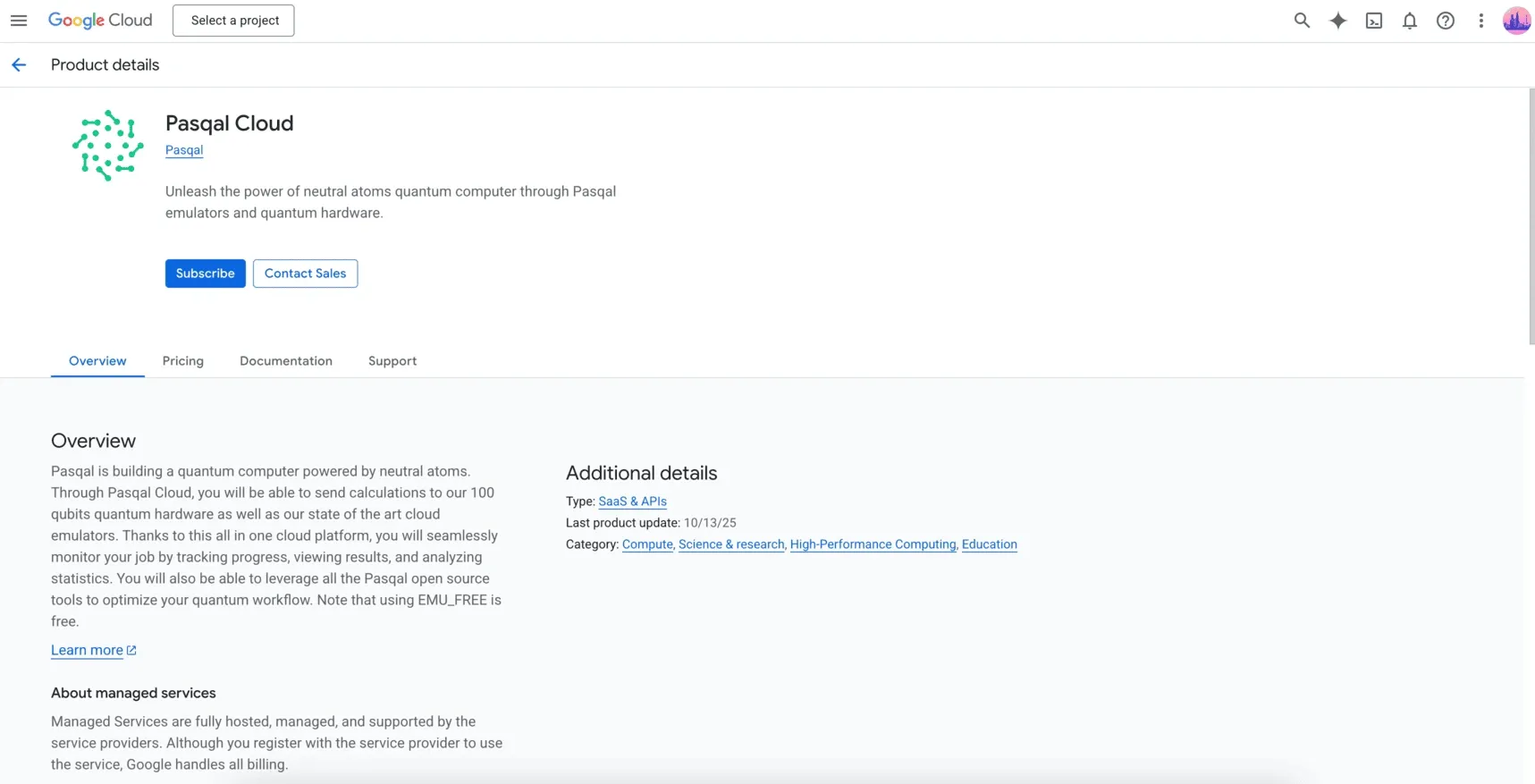 Pasqal Cloud product page on Google Cloud Marketplace