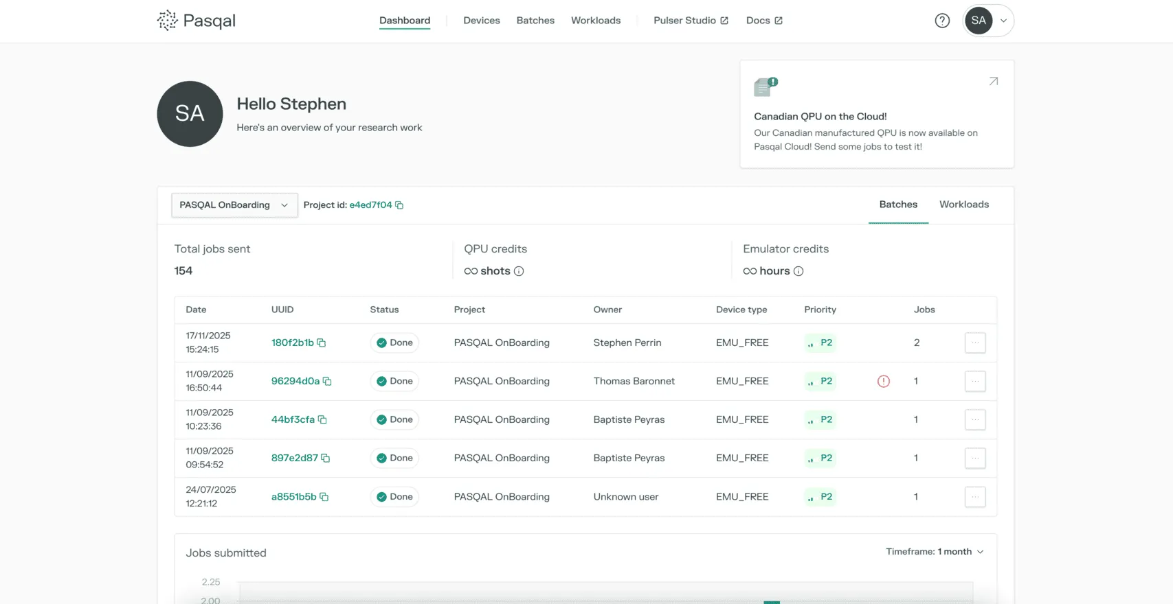Pasqal Cloud dashboard showing the project ID